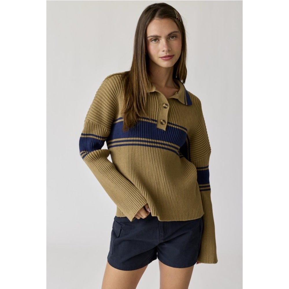 Light Mocha with Navy Stripe Rib Knit Collared Long Sleeve Top